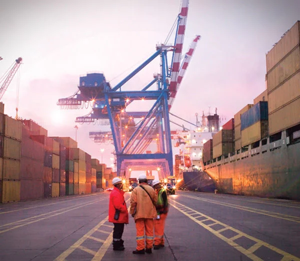 Dock workers at a shipping port surrounded by stacked containers and large cargo cranes.