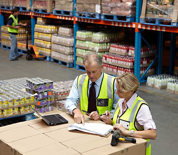 Managers discussing freight plan on dock