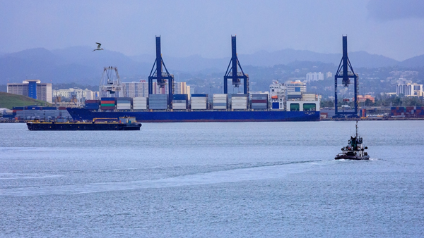 View of a Puerto Rican shipping port with cargo ships and cranes, highlighting global cargo and drayage services.